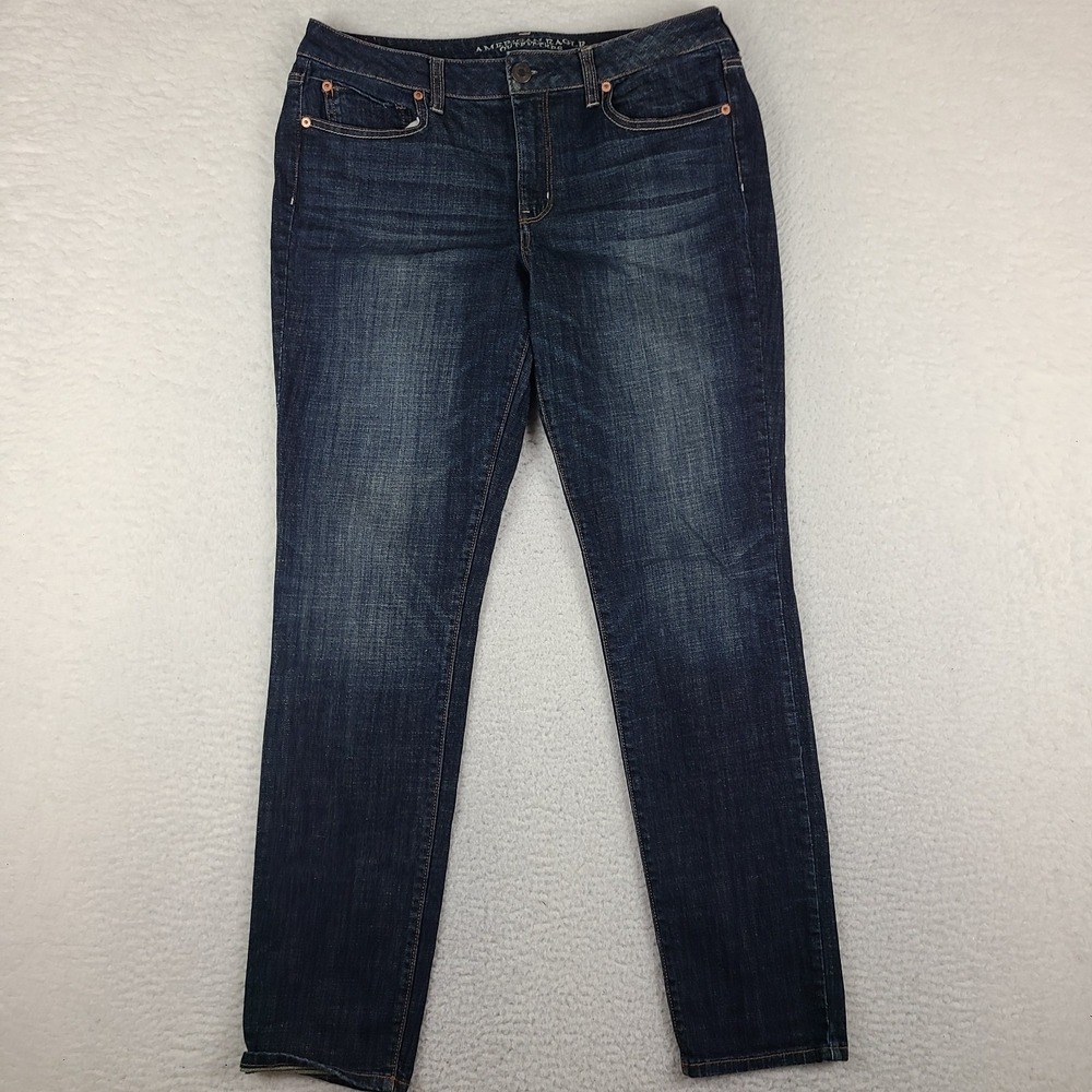 American Eagle Jeans Womens 14 Long Blue Hi Rise Skinny Stretch Dark Wash Denim